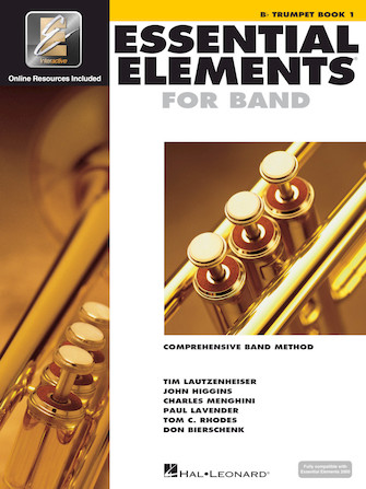 White cover with images of trumpet for Essential Elements Interactive Book 1 for Trumpet