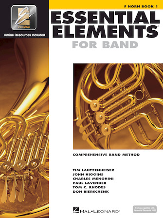 White cover with images of horn for Essential Elements Interactive Book 1 for French Horn