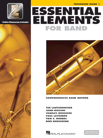 White cover with images of Trombone for Essential Elements Interactive Book 1 for Trombone