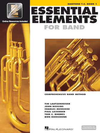 White cover with images of Baritone for Essential Elements Interactive Book 1 for Baritone Treble Cl