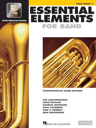 White cover with images of tuba for Essential Elements Interactive Book 1 for Tuba