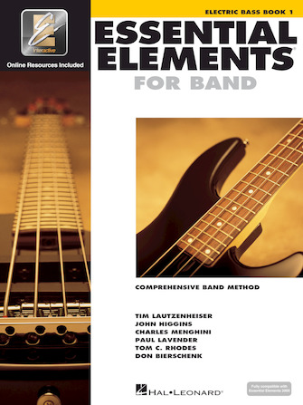 White cover with images of Bass for Essential Elements Interactive Book 1 for Electric Bass