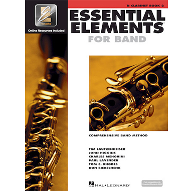 White cover with images of clarinet reading essential elements for band book 2