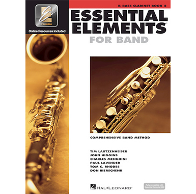 White cover with images of bass clarinet reading essential elements for band book 2