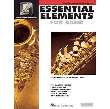 White cover with images of alto saxophone reading essential elements for band book 2