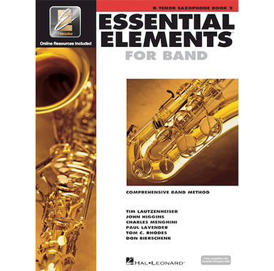 White cover with images of tenor saxophone titled essential elements for band book 2
