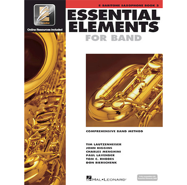 White cover with images of baritone saxophone titled essential elements for band book 2