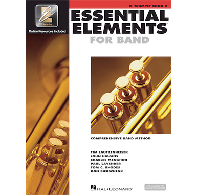 White cover with images of trumpet titled essential elements for band book 2