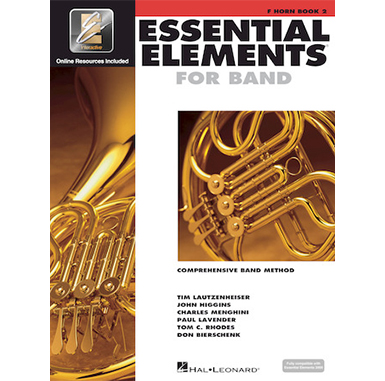 White cover with images of french horn titled essential elements for band book 2