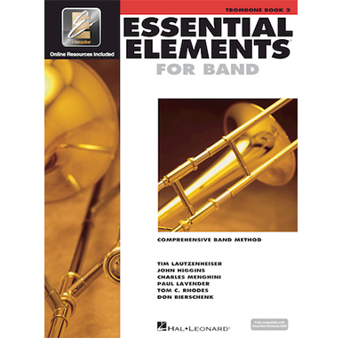White cover with images of trombone titled essential elements for band book 2