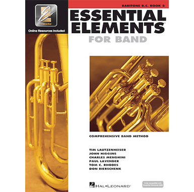 White cover with images of baritone titled essential elements for band book 2