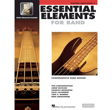 White cover with images of electric bass titled essential elements for band book 2