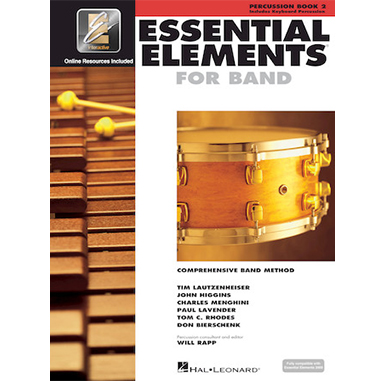 White cover with images of percussion titled essential elements for band book 2