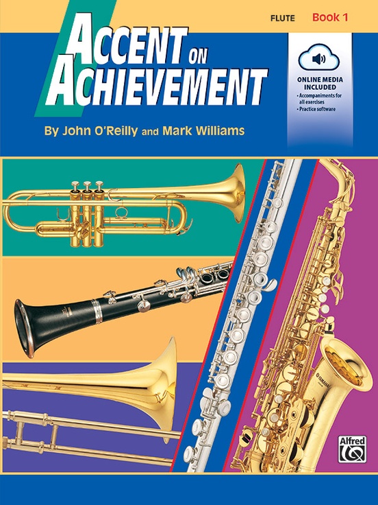 Multicolor cover with photos of instruments for Accent on Achievement Book 1 for Flute