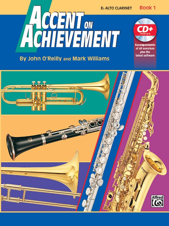 Multicolor cover with photos of instruments for Accent on Achievement Book 1 for Alto Clarinet