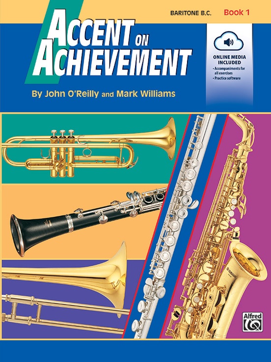 Multicolor cover with photos of instruments for Accent on Achievement Book 1 for Baritone Bass Clef