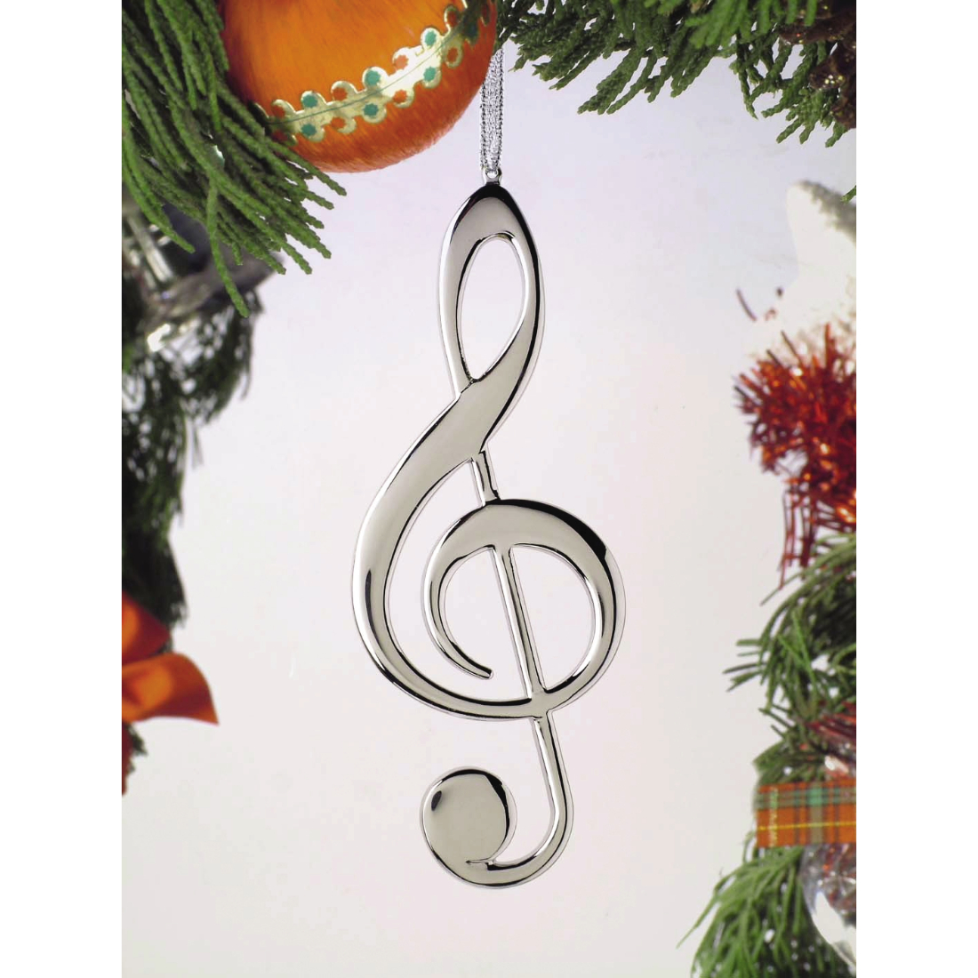 Silver treble clef shaped Christmas ornament