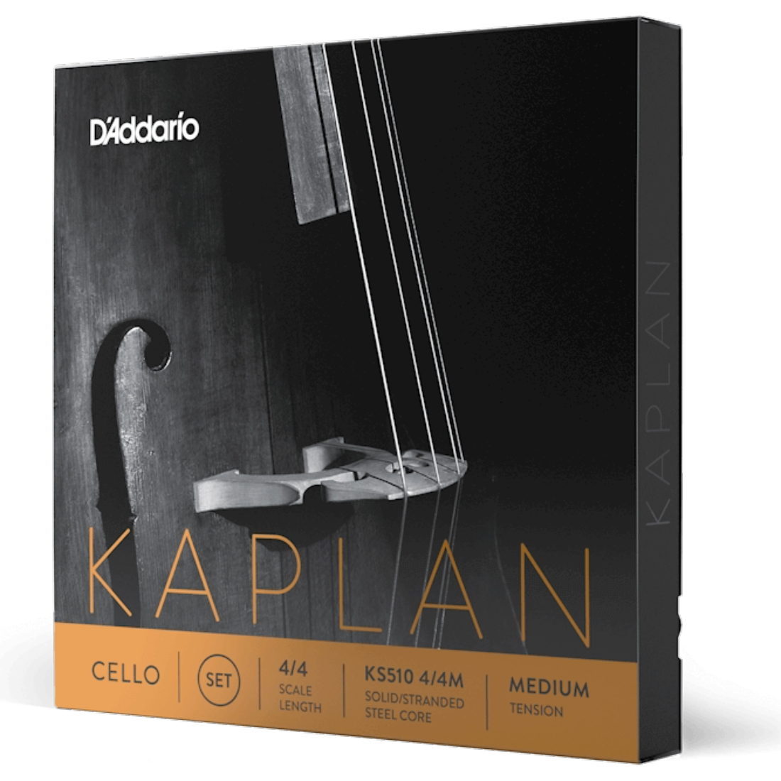Black and white box of Kaplan Solutions full scale cello strings, full set