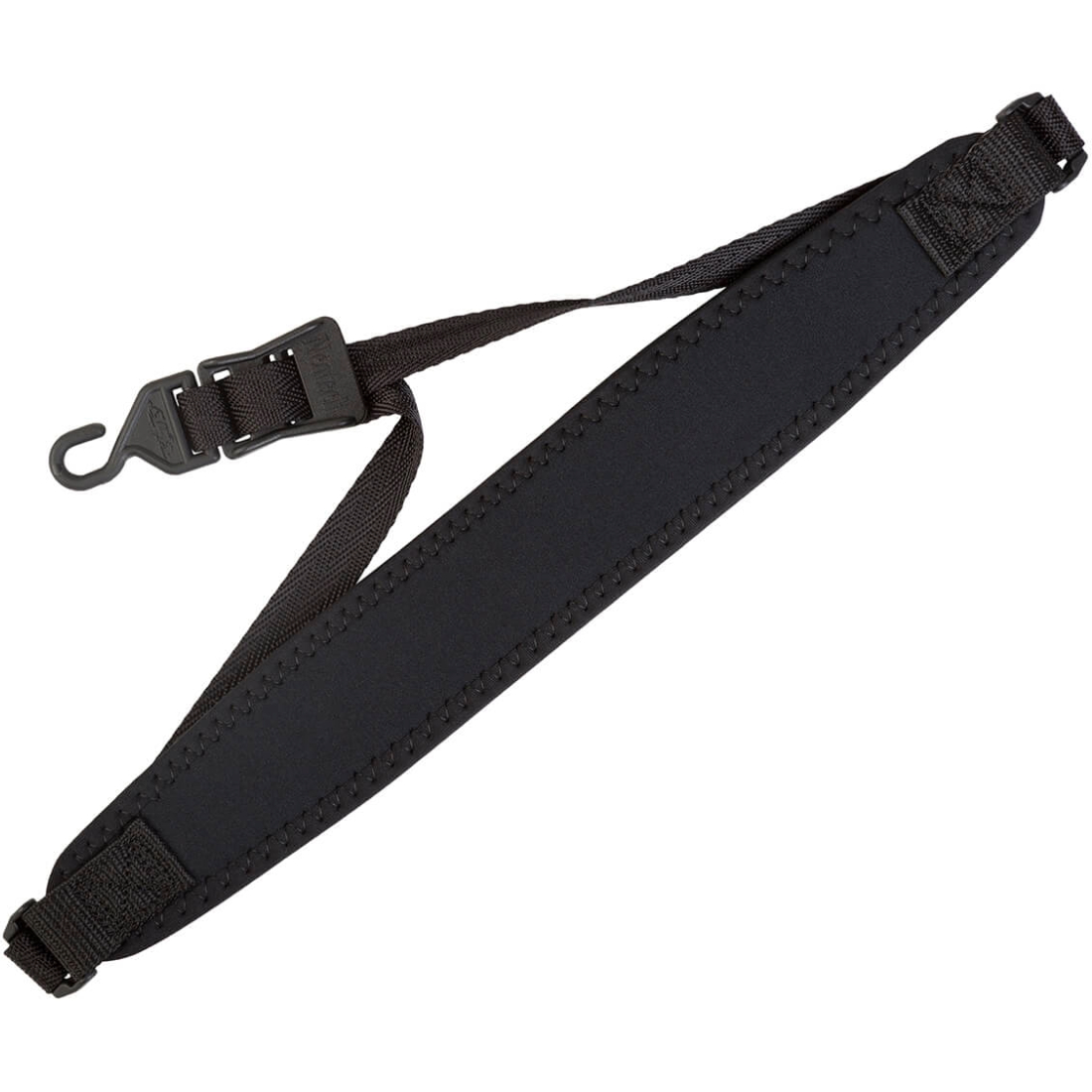 Black stitched neck strap with open hook and neoprene pad