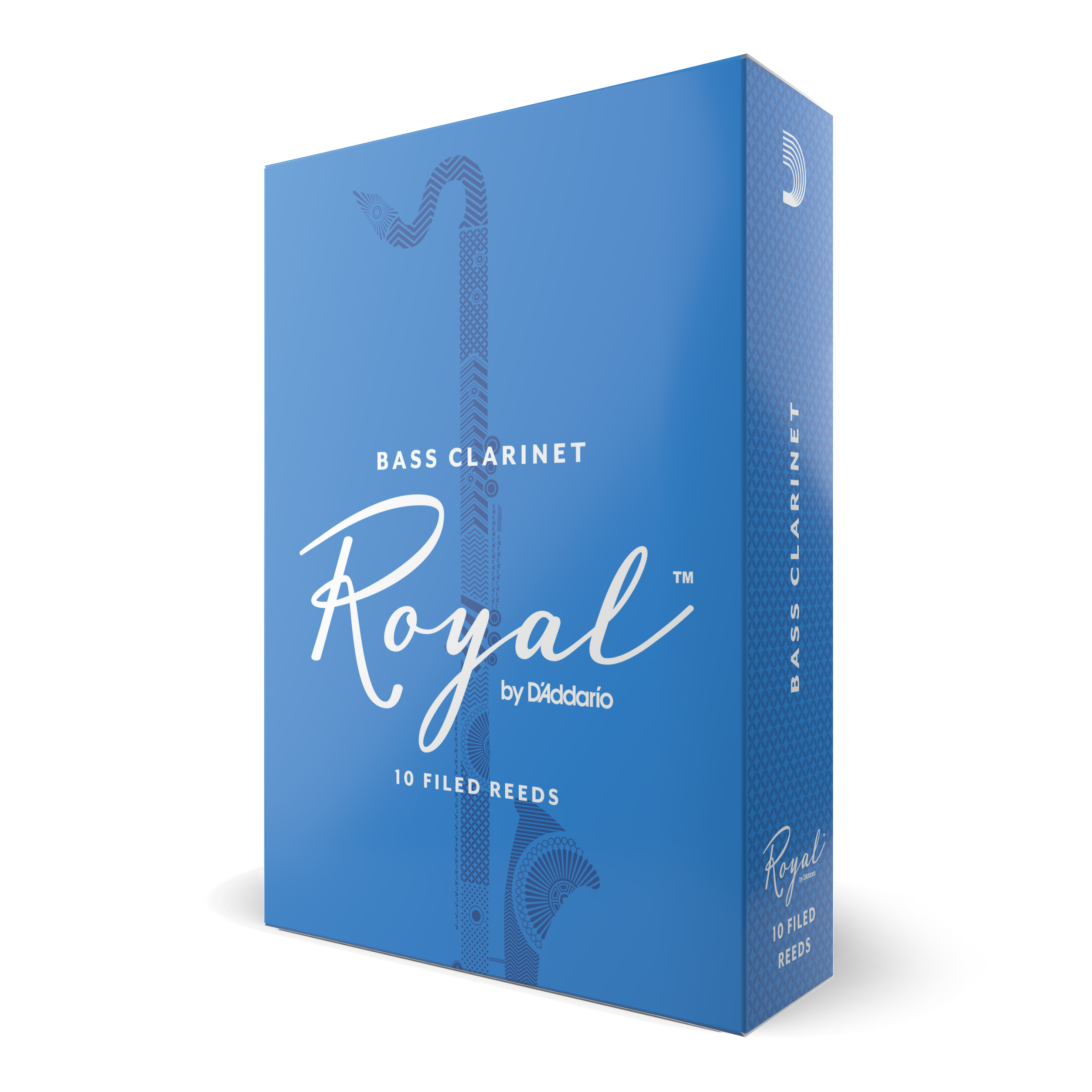 Blue box of 10 Royal by D'addario Bass Clarinet Reeds strength three and a half