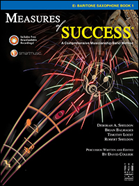 Black cover with multicolor music staff for Measures of Success Baritone Saxophone Book 1