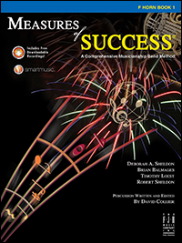 Black cover with multicolor music staff for Measures of Success French Horn Book 1