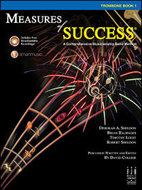 Black cover with multicolor music staff for Measures of Success Trombone Book 1