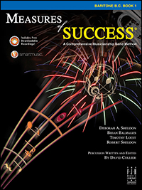 Black cover with multicolor music staff for Measures of Success Baritone Bass Clef Book 1