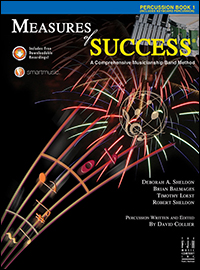 Black cover with multicolor music staff for Measures of Success Percussion Book 1