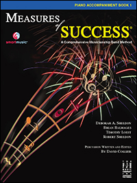 Black cover with multicolor music staff for Measures of Success Piano Accompaniment Book 1
