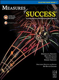 Black cover with multicolor music staff for Measures of Success Electric Bass Book 1