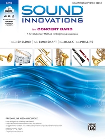 White and blue cover with band instruments for Sound Innovations Book 1 for Baritone Saxophone