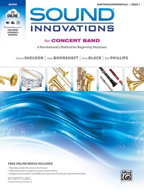 White and blue cover with band instruments for Sound Innovations Book 1 for Baritone in Bass Clef