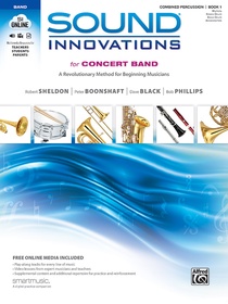 White and blue cover with band instruments for Sound Innovations Book 1 for Combined Percussion