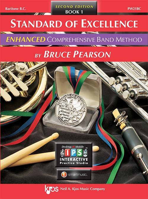 Red cover with instruments on it for Standard of Excellence Enhanced Book 1 for Baritone Bass Clef
