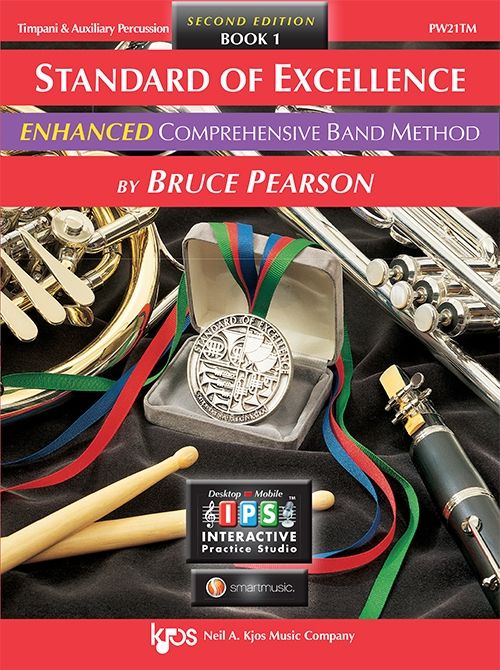 Red cover with instruments on it for Standard of Excellence Enhanced Book 1 for Auxiliary Percussion
