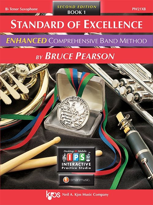 Red cover with instruments on it for Standard of Excellence Enhanced Book 1 for Tenor Saxophone
