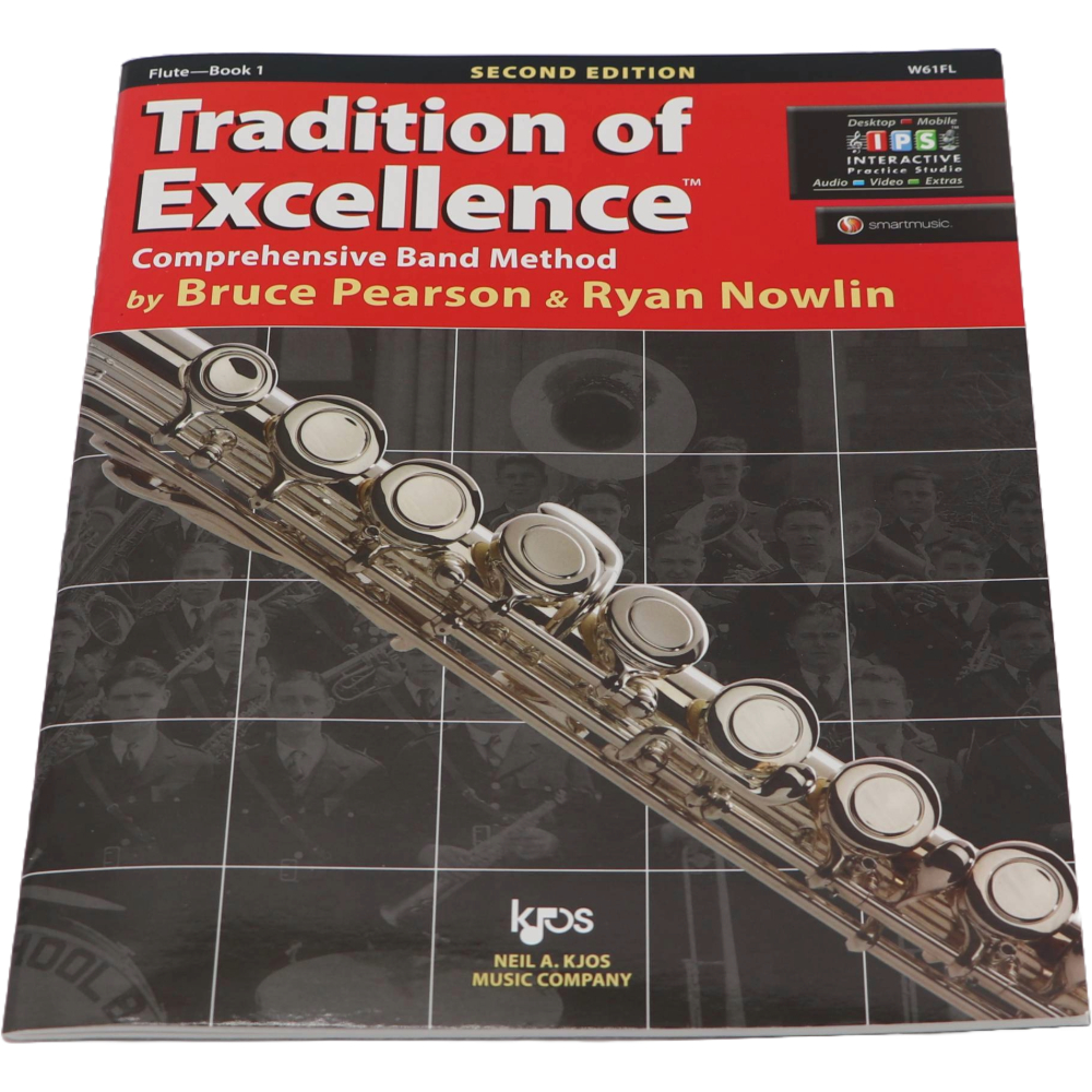 Black and red method book with a Flute on the cover titled Tradition of Excellence
