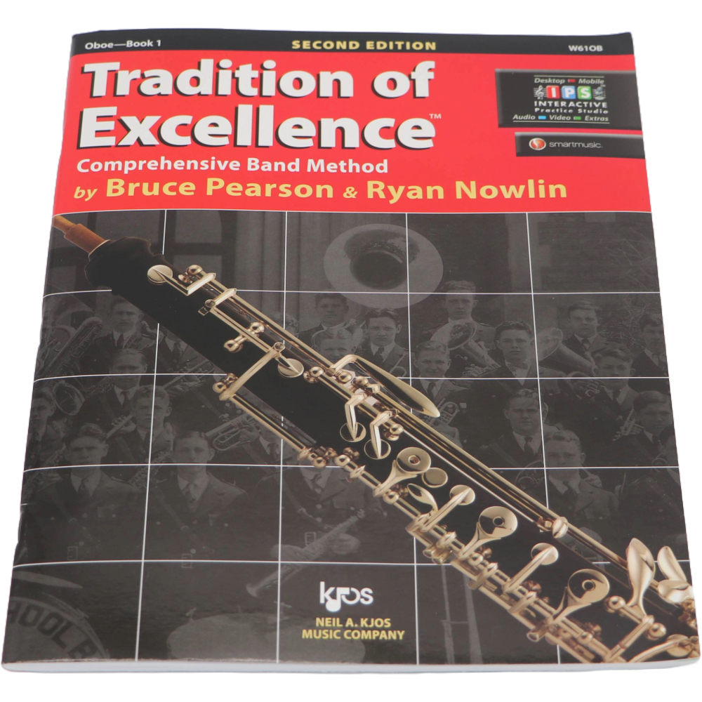 Black and red method book with a Oboe on the cover titled Tradition of Excellence