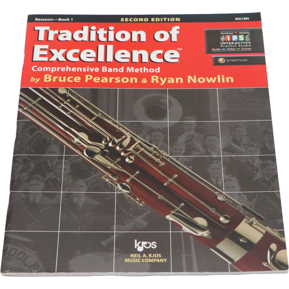 Black and red method book with a Bassoon on the cover titled Tradition of Excellence