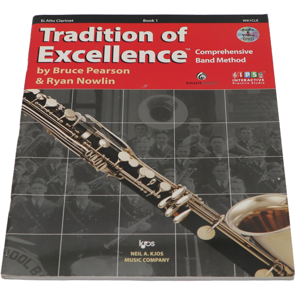 Black and red method book with an Alto Clarinet on the cover titled Tradition of Excellence