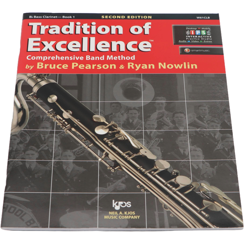 Black and red method book with a Bass Clarinet on the cover titled Tradition of Excellence
