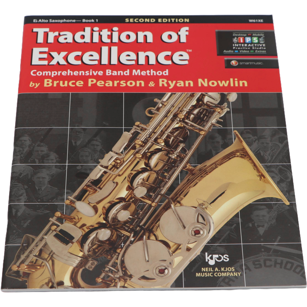 Black and red method book with a Alto Saxophone on the cover titled Tradition of Excellence