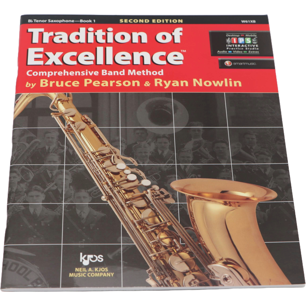 Black and red method book with a Tenor Saxophone on the cover titled Tradition of Excellence