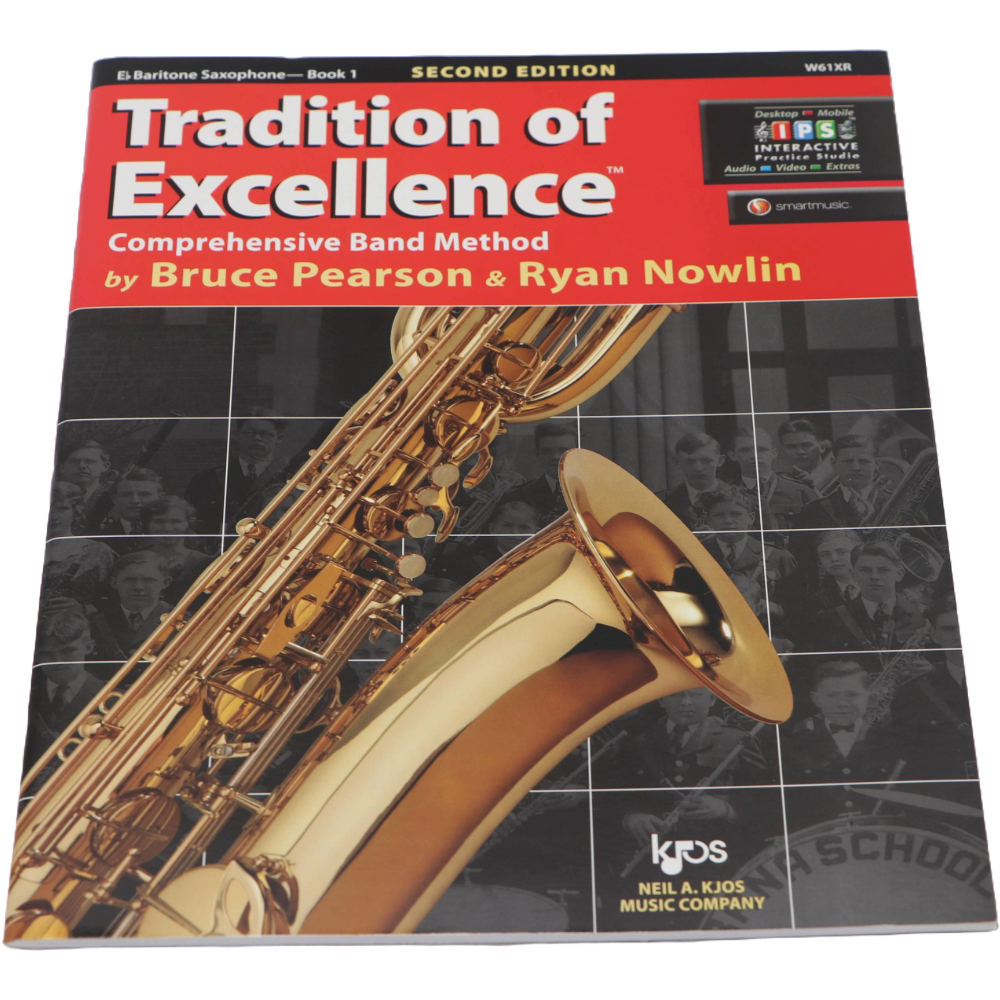 Black and red method book with a Baritone Saxophone on the cover titled Tradition of Excellence