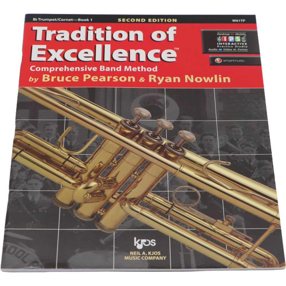 Black and red method book with a Trumpet on the cover titled Tradition of Excellence