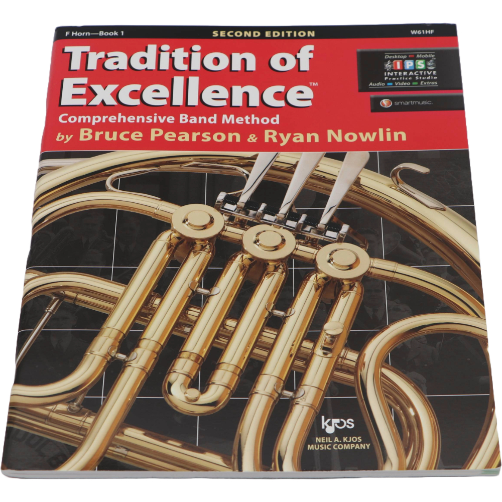Black and red method book with a French Horn on the cover titled Tradition of Excellence