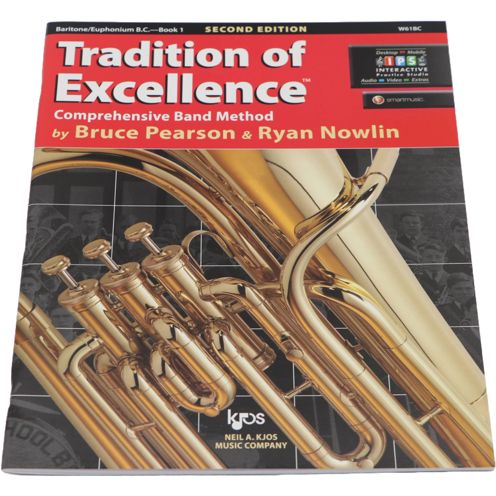 Black and red method book with a Euphonium on the cover titled Tradition of Excellence