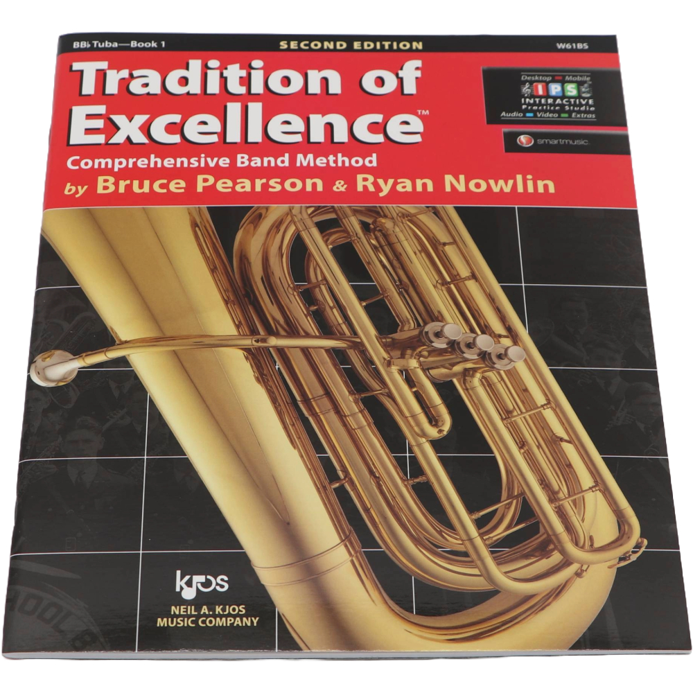 Black and red method book with a Tuba on the cover titled Tradition of Excellence