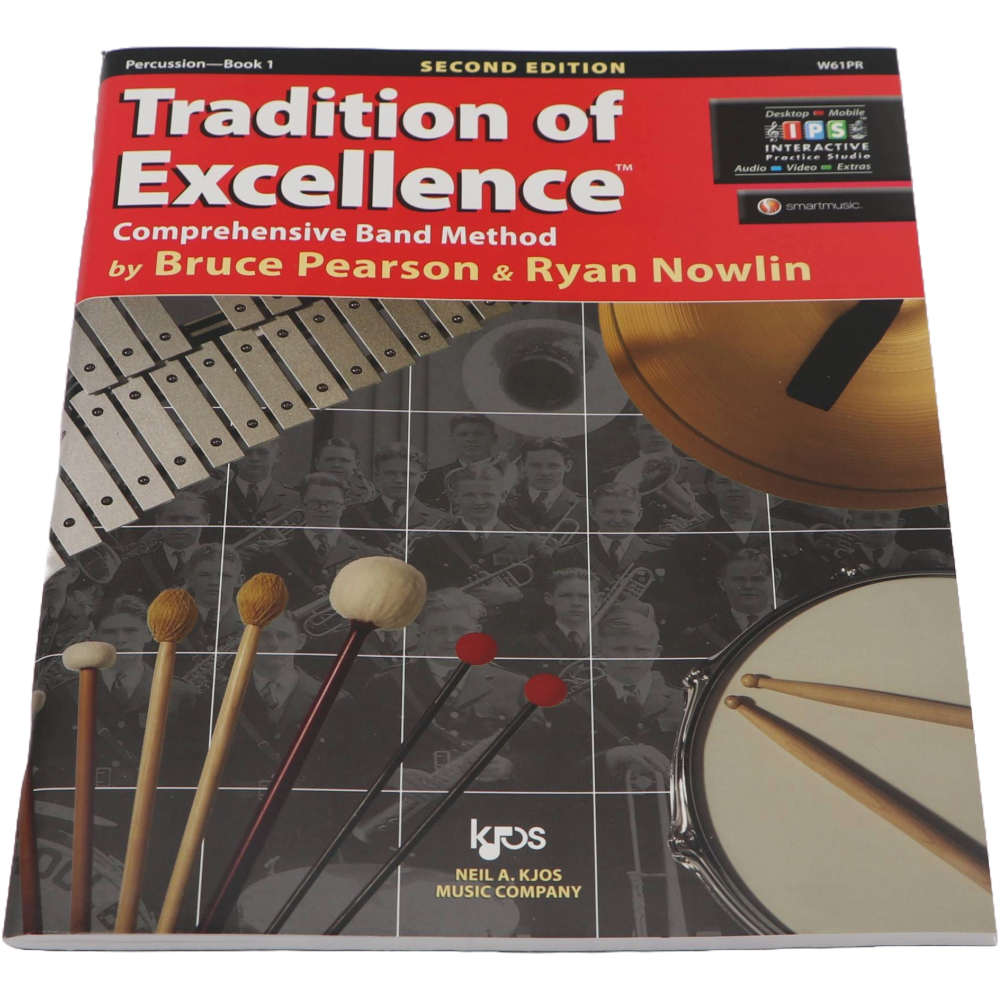 Black and red method book with assorted Percussion on the cover titled Tradition of Excellence